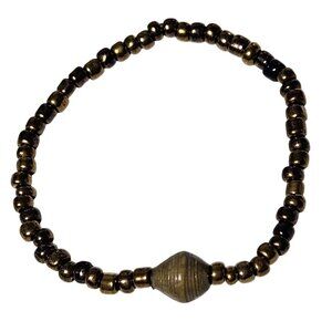 Handcrafted Beaded Stretch Bracelet  Brown Gold Beads Artisan Centerpiece Bead